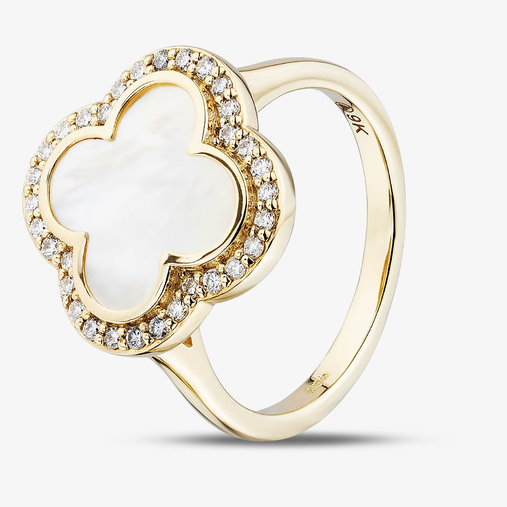 9ct Yellow Gold Mother Of Pearl & Diamond Clover Dress Ring 52H51-10 M