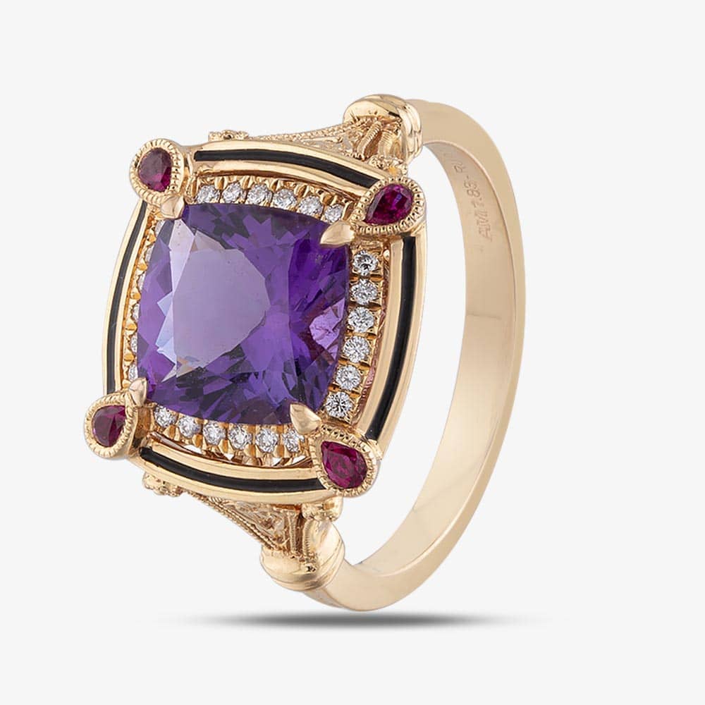 Ungar & Ungar 18ct Rose Gold Cushion Amethyst Diamond & Ruby Fancy Shoulder Cluster Ring 8RR31671DRuAm
