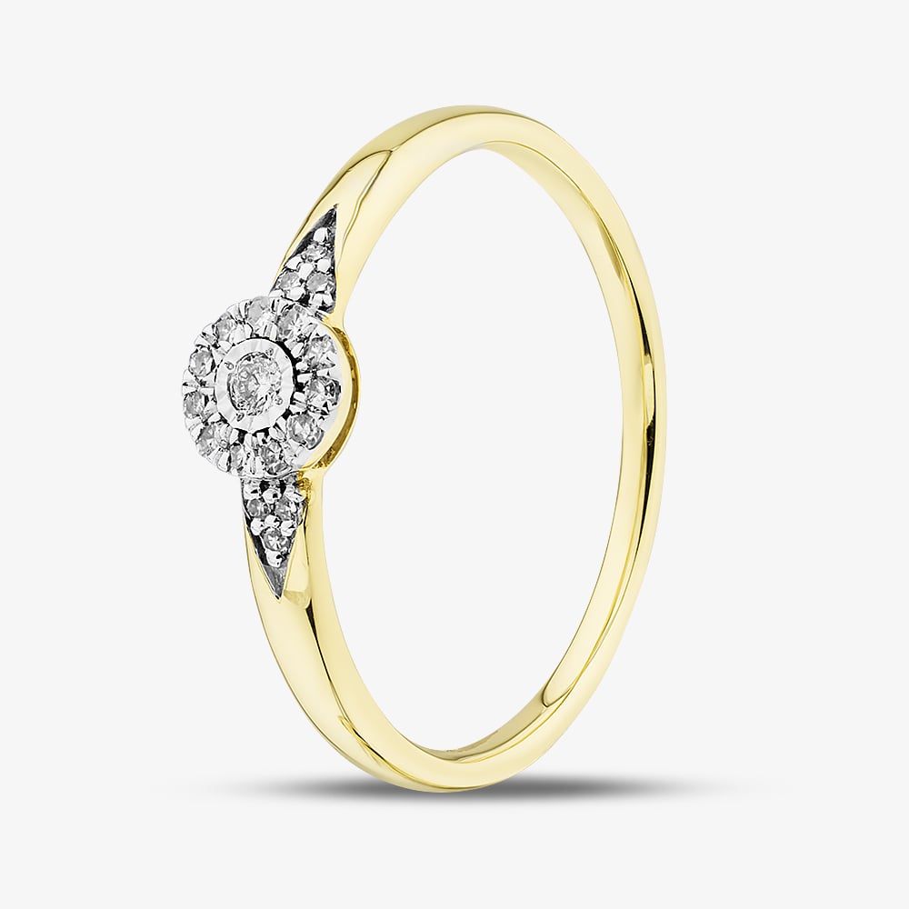 Pure Brilliance 9ct Yellow Gold 0.08ct Brilliant Cut Diamond Cluster Shoulder Set Ring THR44876-08 (YG) M
