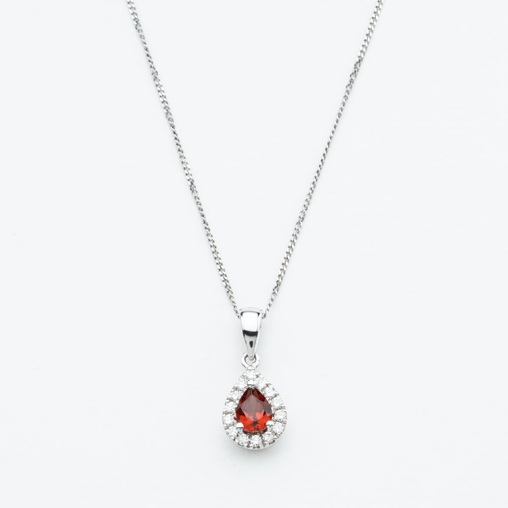 9ct White Gold 0.40ct Pear Cut Garnet & Diamond Halo Pendant Necklace NTP409PEAR-GARD-9WG