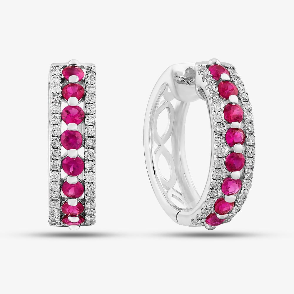 9ct White Gold Ruby and Diamond Three Row Hoop Earrings PE04865 RU