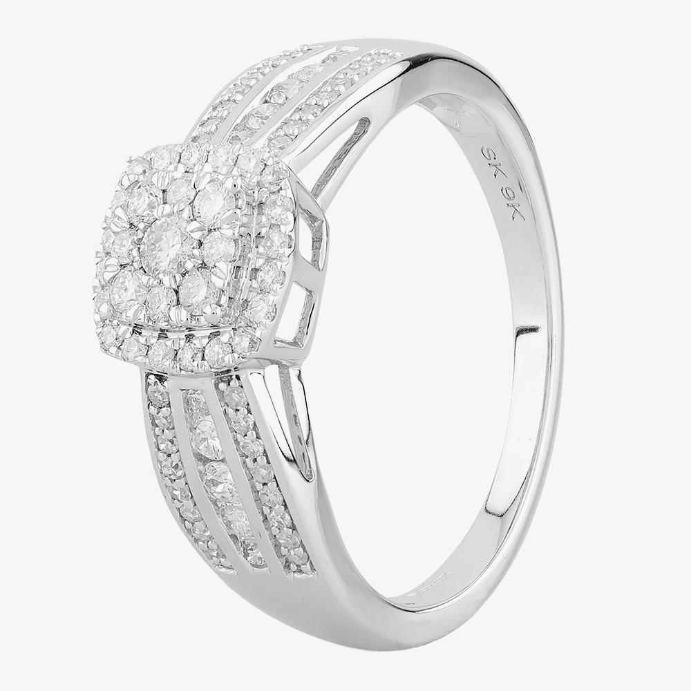9ct White Gold 0.50ct Diamond Square Cluster Shouldered Ring THR23758-50 Q