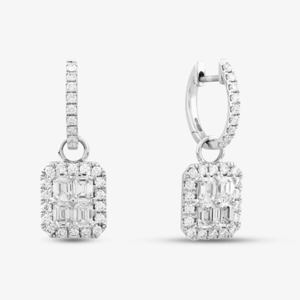 18ct White Gold Brilliant & Emerald Cut Diamond Hoop Dropper Earrings E27616GW18DD