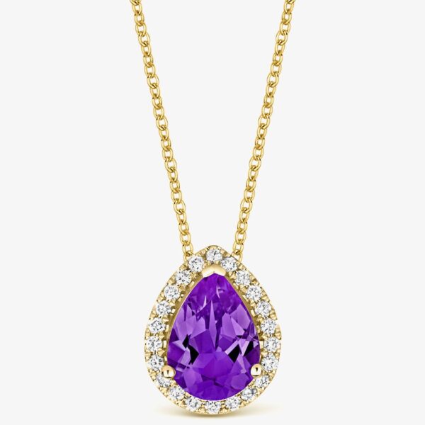 Tivon 18ct Rose Gold Pear-Cut Amethyst & Diamond Halo Pendant Necklace PY-0881-AM