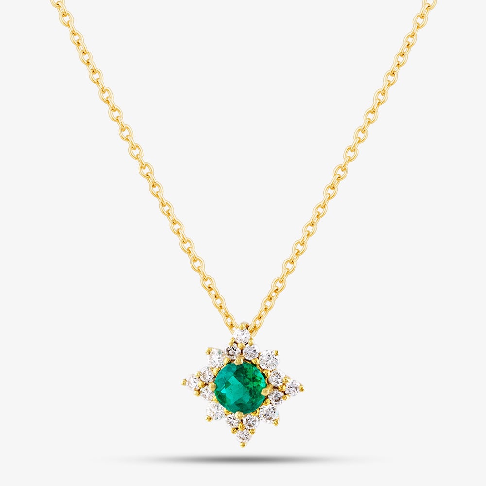 18ct Yellow Gold Round Cut Emerald & Diamond Cluster Pendant Necklace 49292