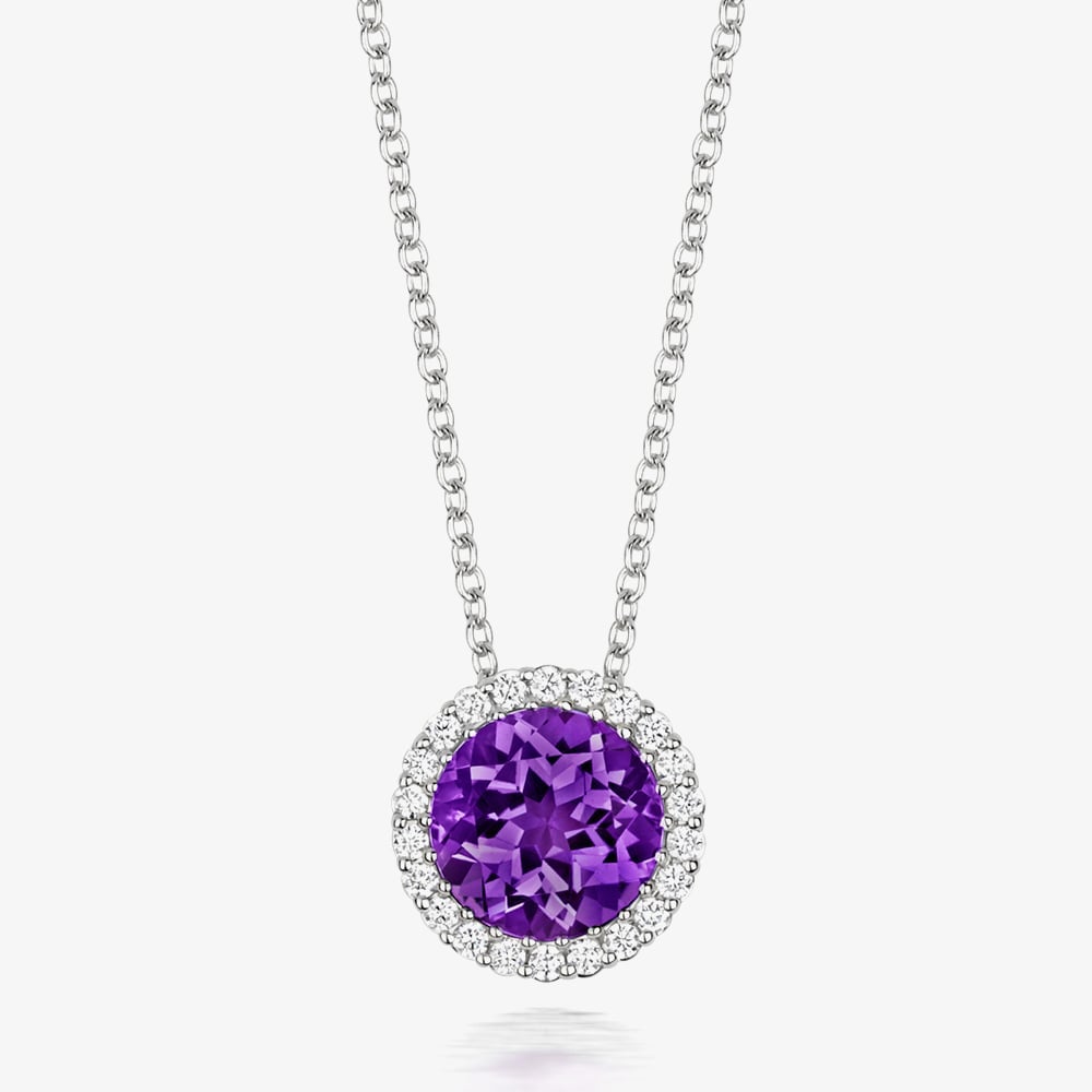 Tivon Classic 18ct White Gold Amethyst & Diamond Round Cluster Necklace PW-0849-AM