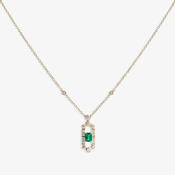 18ct Gold Gatsby Baguette-cut Emerald and Round Diamond Dropper Necklace LG194/NB(EM)
