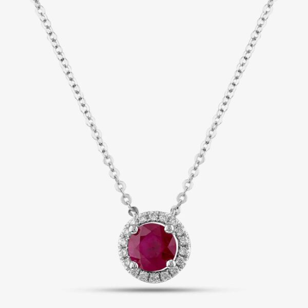 18ct White Gold Brilliant Cut Ruby & Diamond Halo Necklace P39072GW18RB