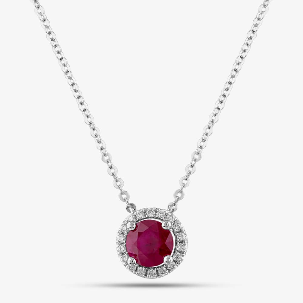 18ct White Gold Brilliant Cut Ruby & Diamond Halo Necklace P39072GW18RB