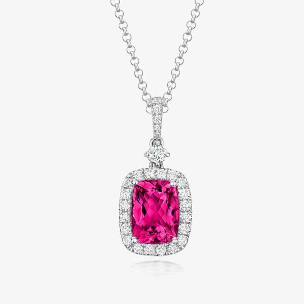 Tivon 18ct White Gold Diamond & 1.82ct Cushion Cut Pink Sapphire Pendant Necklace PWP-0993-PS