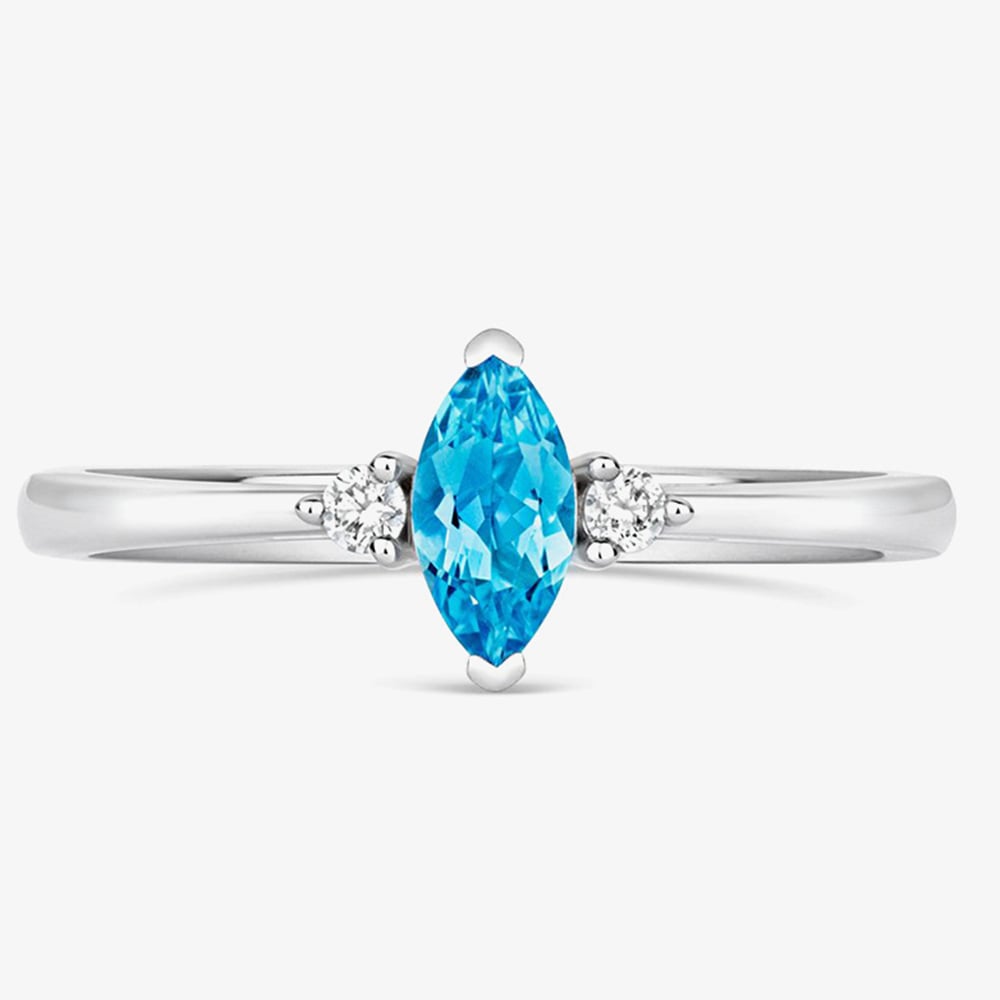 Tivon 18ct White Gold Marquise Cut 0.40ct Blue Topaz Three Stone Ring RW-1642-BT