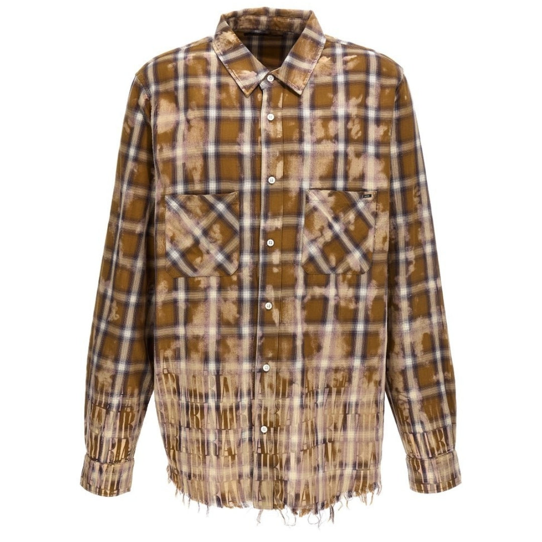Amiri Mens Bleached Long Sleeve Brown Flannel Shirt Cotton - Size Small