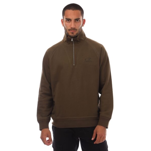 C.P. Company Mens Diagonal Raised Fleece Half-Zip Logo Sweatshirt in Green Cotton - Size Small