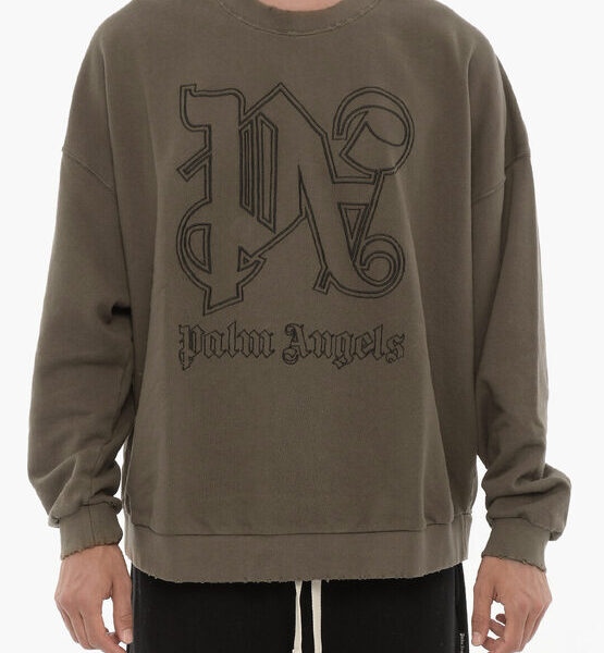Palm Angels Mens Vintage Effect Crew-Neck Sweatshirt with Embossed Monogram in Military Green - Dark Green Cotton - Size Medium