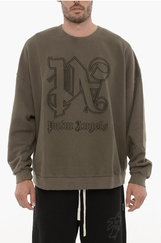 Palm Angels Mens Vintage Effect Crew-Neck Sweatshirt with Embossed Monogram in Military Green - Dark Green Cotton - Size Medium