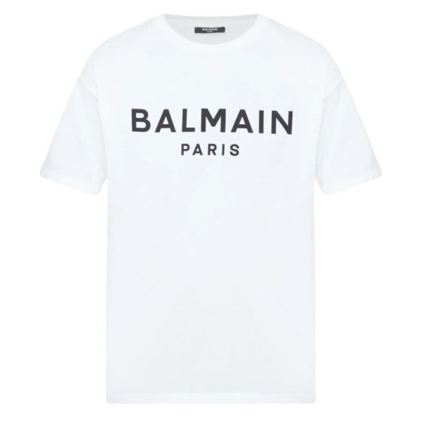 Balmain Mens Paris Bold Brand Logo White T-Shirt Cotton - Size Large