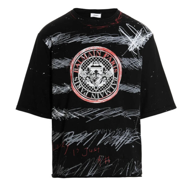 Balmain Mens Paris Graffiti Coin Logo Black T-shirt Cotton - Size Large