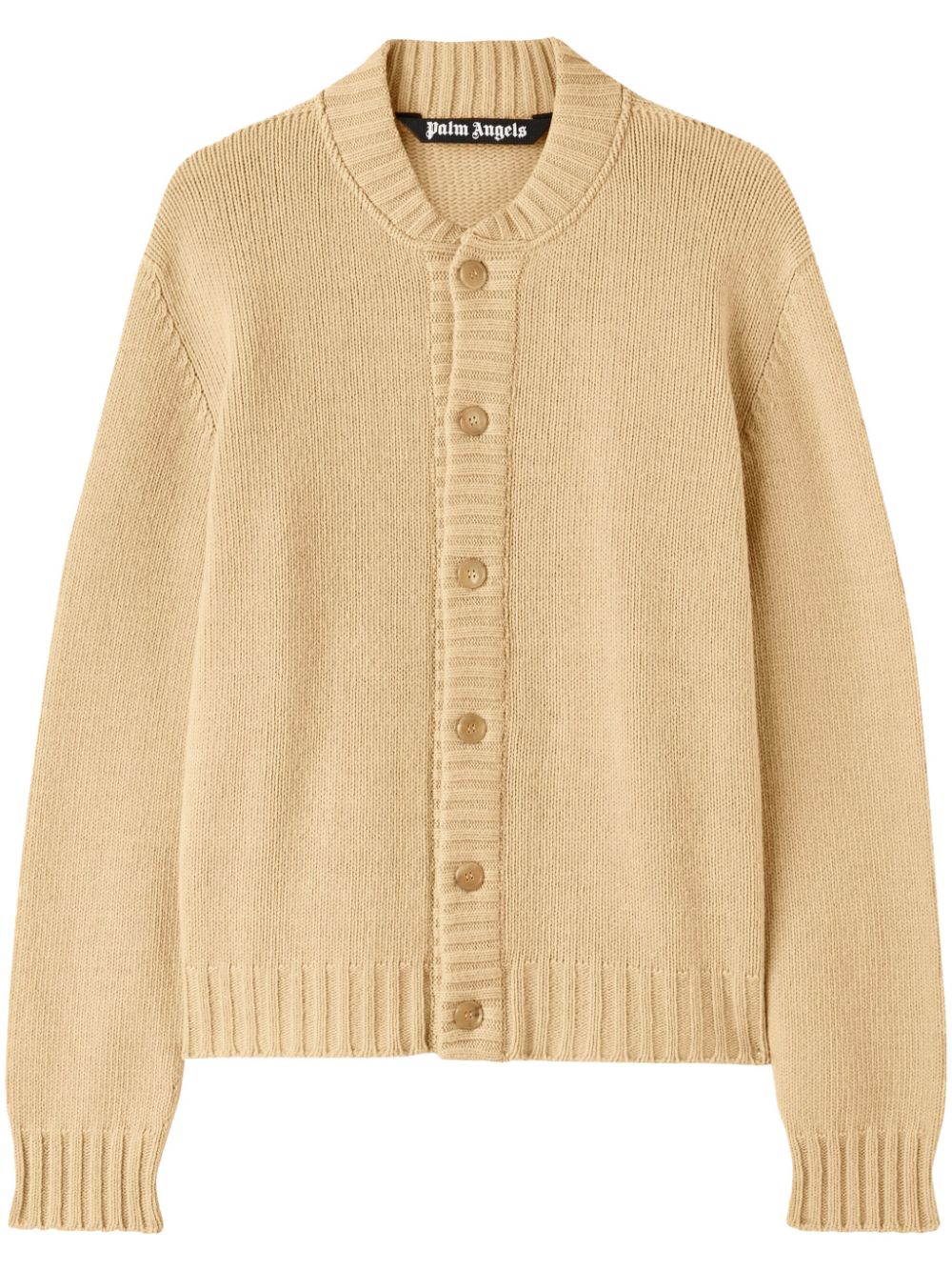 Palm Angels Mens Curved Logo Cardigan Beige Wool Blend - Size Medium