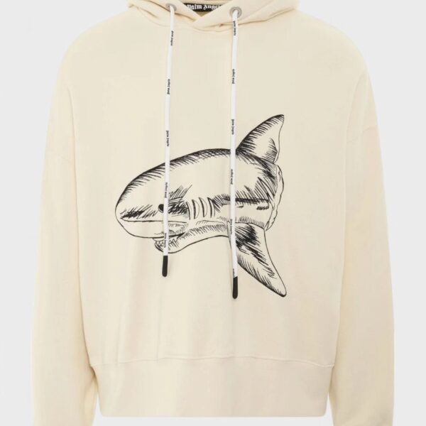Palm Angels Mens Split Shark Hoodie Butter/Black - Cream Cotton - Size X-Small