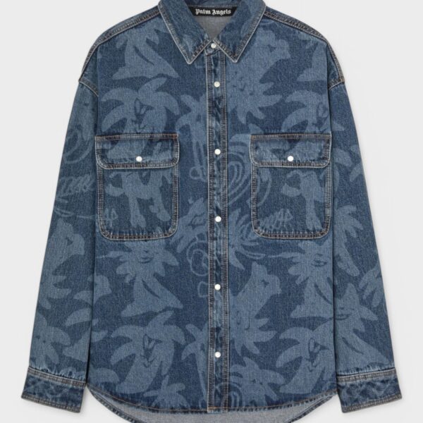 Palm Angels Mens Palmity Laser Print Denim Shirt Light Blue Cotton - Size Small