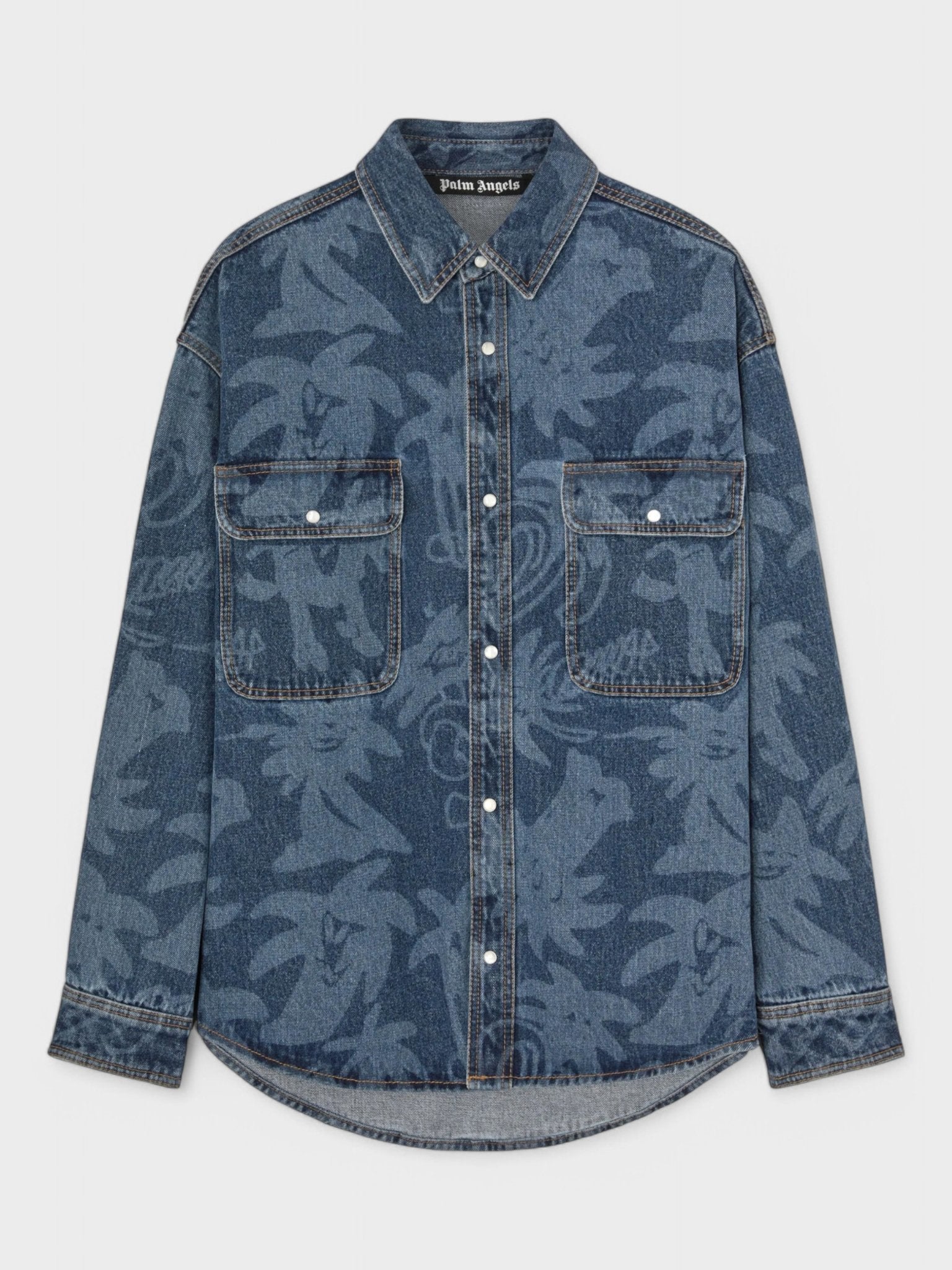 Palm Angels Mens Palmity Laser Print Denim Shirt Light Blue Cotton - Size Small