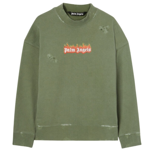 Palm Angels Mens Burning Logo Crewneck Military - Green - Size Large