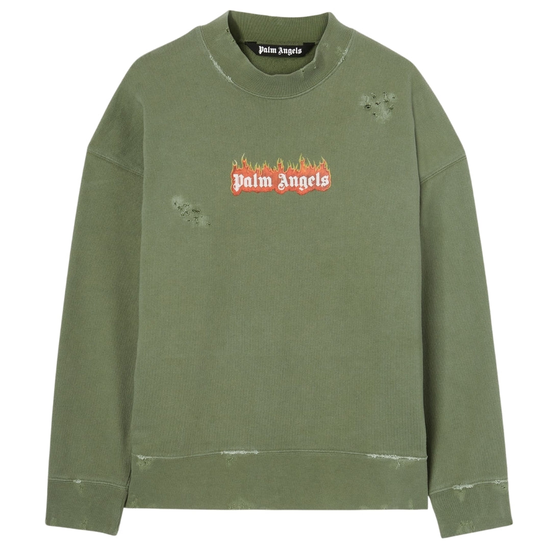 Palm Angels Mens Burning Logo Crewneck Military - Green - Size Large