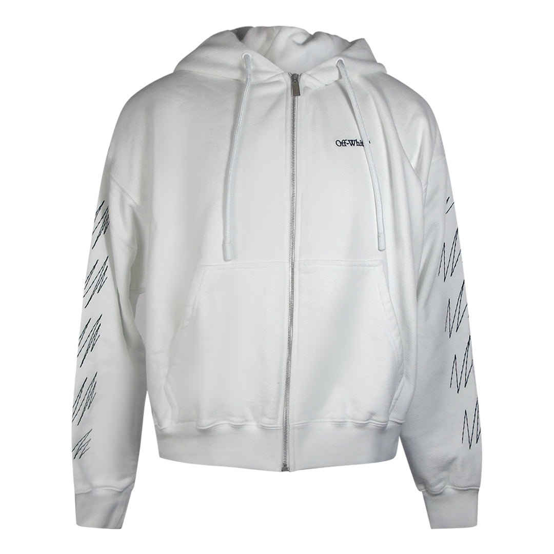 Off-White Mens Stitch Diags Zip Skate Hoodie White - Cream Cotton - Size Medium