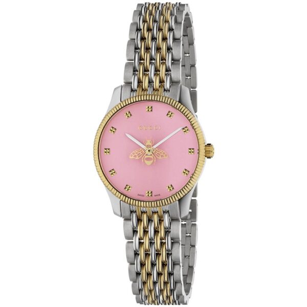 Gucci Womens G-Timeless Ladies 29mm Pink Dial Bee Motif Watch YA1265030 - Silver & Gold Stainless Steel - One Size