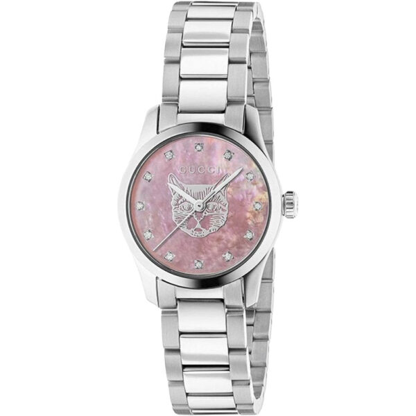 Gucci Womens G-Timeless Ladies Watch with Pink Mother of Pearl Dial - Model YA1265025 - Silver Stainless Steel - One Size