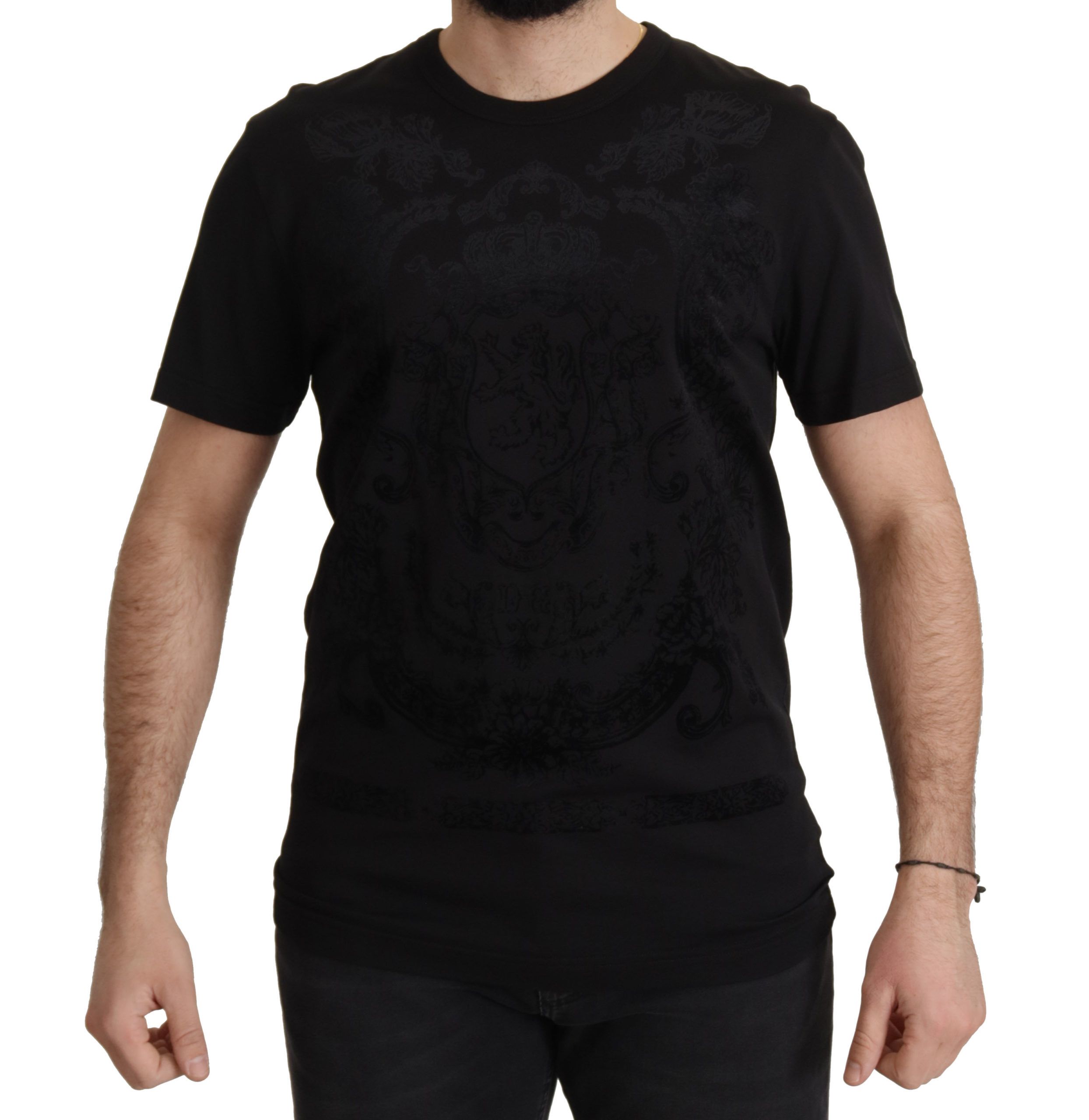 Dolce & Gabbana Mens Black Velvet Crest Tshirt Tsh7974 Cotton - Size EU 52 (Mens)