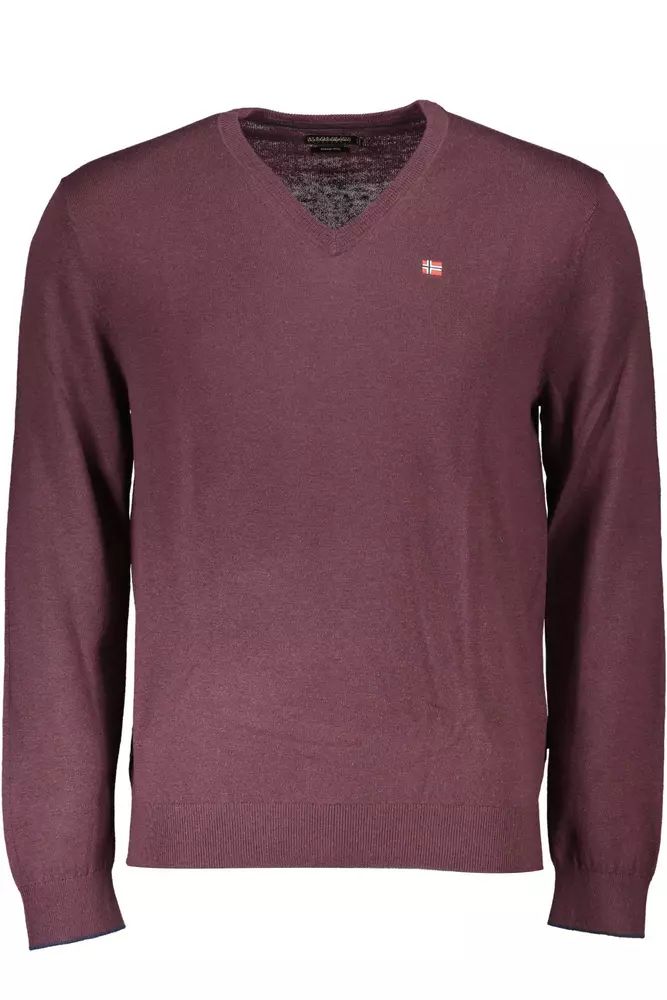 Napapijri Mens Vneck Jumper Cotton Knitwear - Fuschia Wool - Size Small