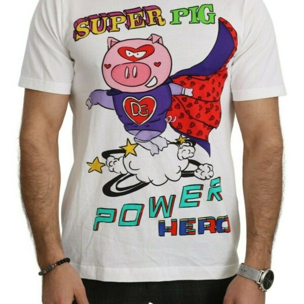 Dolce & Gabbana Mens Super Pig Power Hero Tee - White Cotton - Size EU 44 (Mens)
