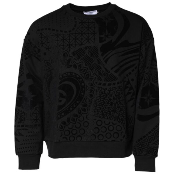 Dolce & Gabbana Mens Velvet Print Crew Neck Sweatshirt - Black Cotton - Size EU 48 (Mens)