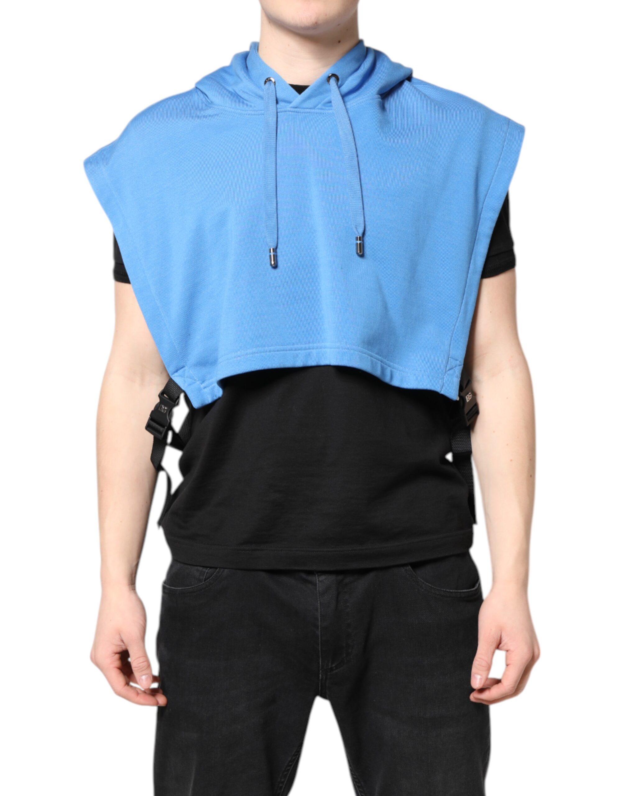 Dolce & Gabbana Mens Sleeveless Cropped Hoodie - Blue Cotton - One Size