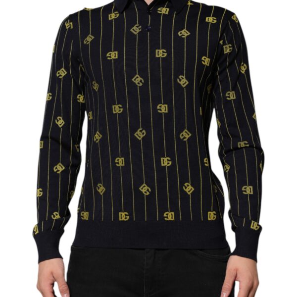 Dolce & Gabbana Mens Logo Print Long Sleeve Polo - Black Wool - Size EU 48 (Mens)