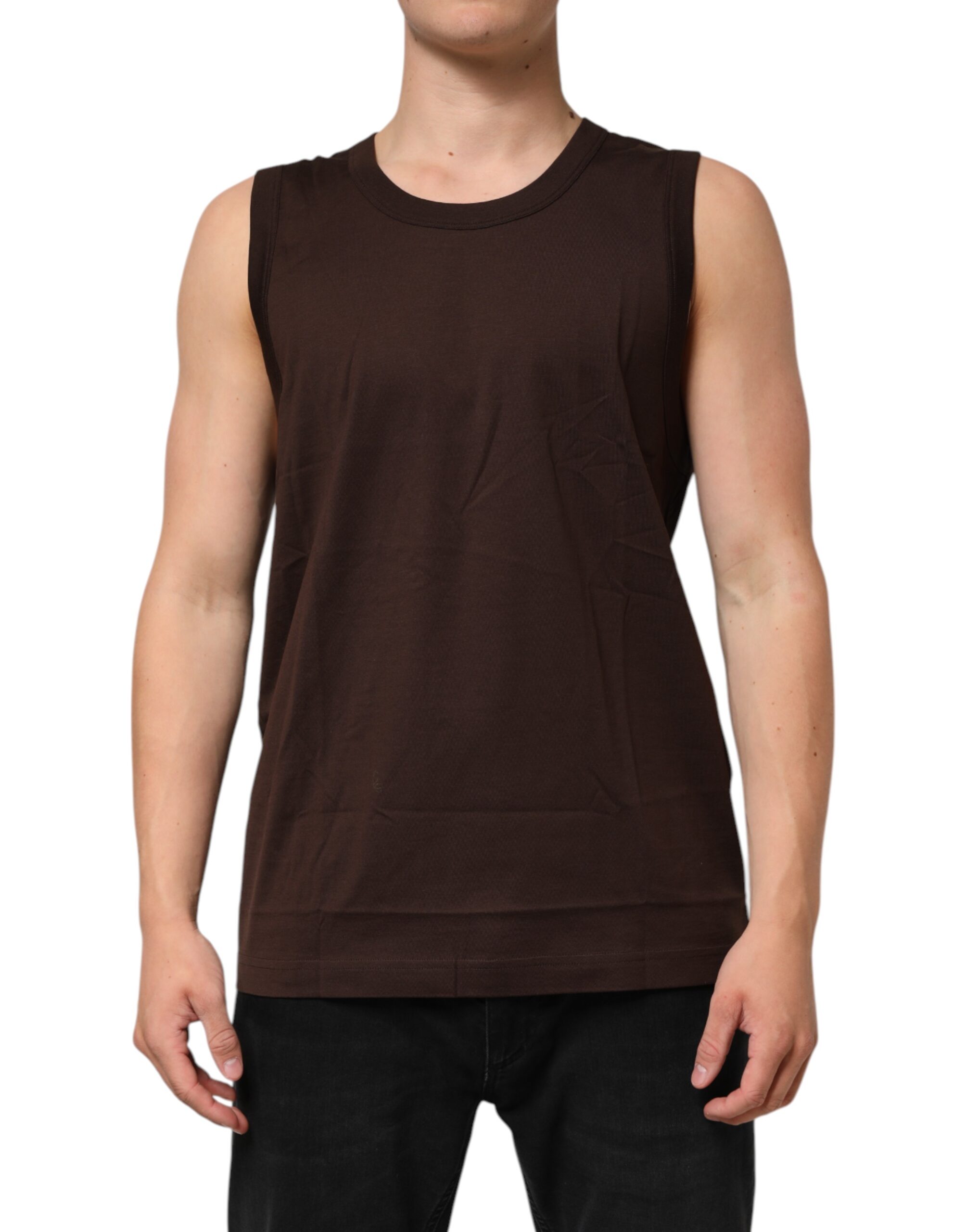 Dolce & Gabbana Mens Crew Neck Sleeveless Tank Top - Dark Brown Cotton - Size X-Small