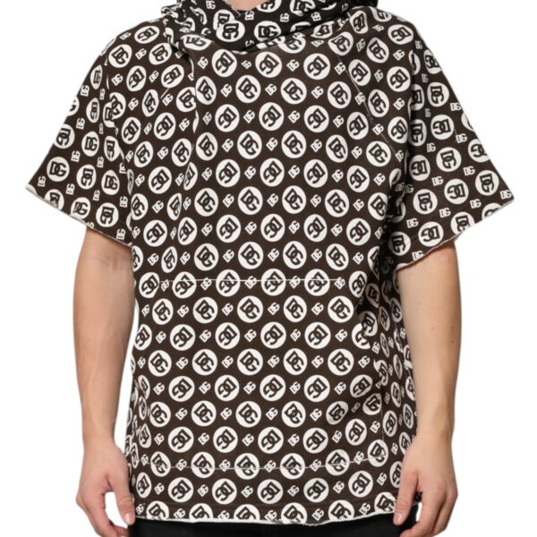 Dolce & Gabbana Mens Logo Print Short Sleeve Hoodie - Dark Brown Cotton - Size EU 52 (Mens)