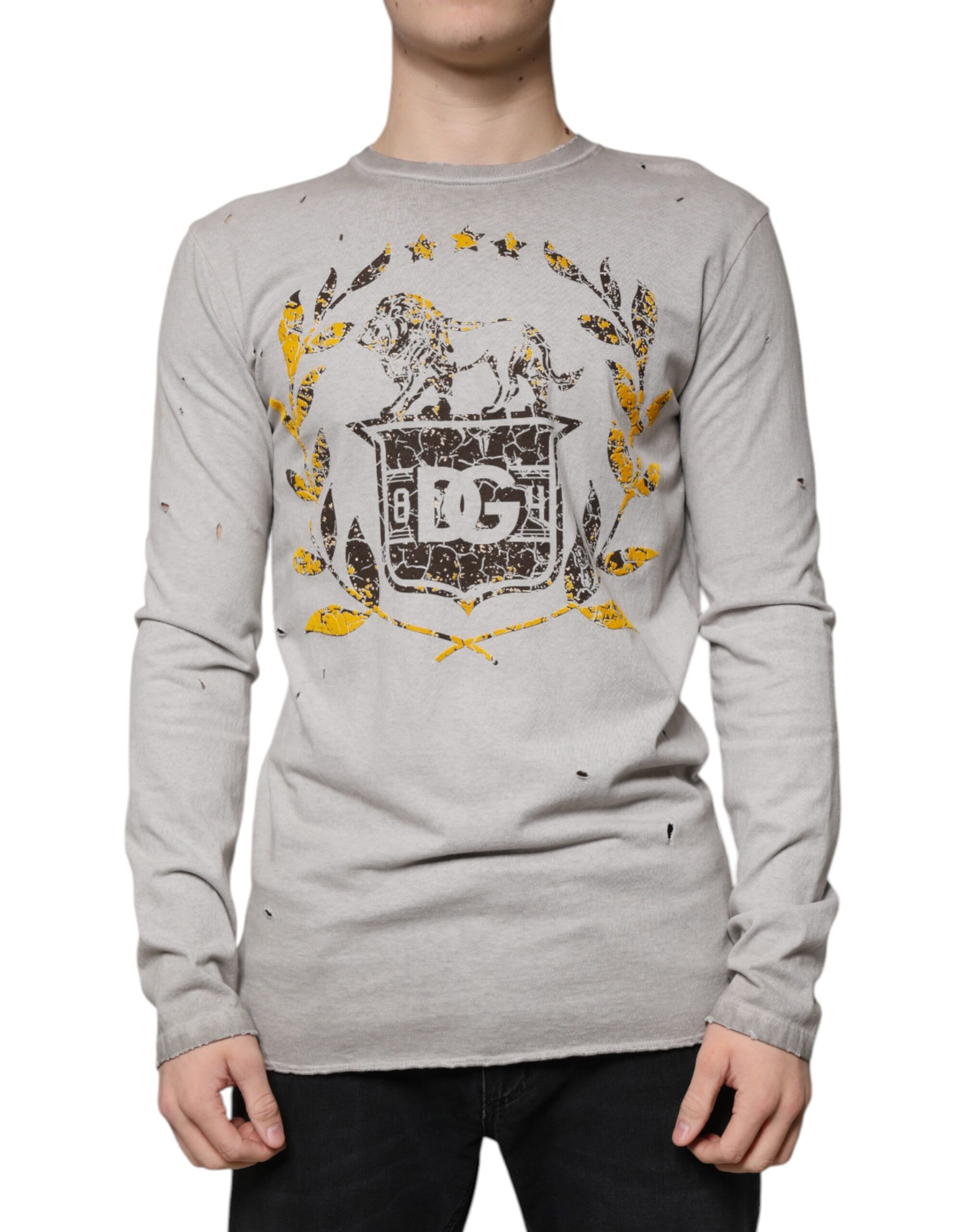 Dolce & Gabbana Mens Distressed Lion Crest Ls Tee - Grey Cotton - Size EU 48 (Mens)