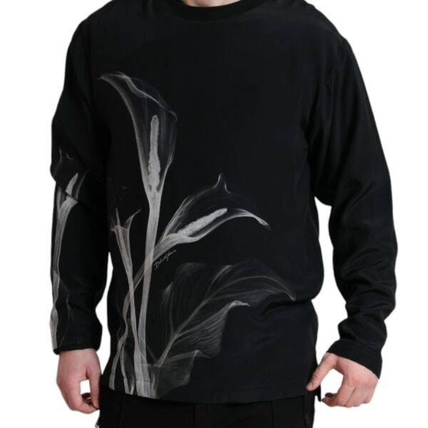Dolce & Gabbana Mens Calla Lily Print Sweatshirt Long Sleeve Crew Neck - Black Silk - Size EU 48 (Mens)