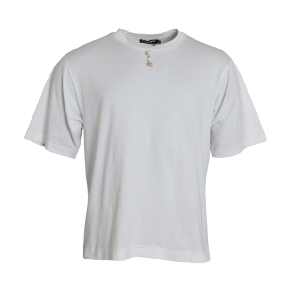 Dolce & Gabbana Mens Pearlembellished Crew Neck Tee - White Cotton - Size EU 48 (Mens)
