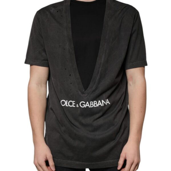 Dolce & Gabbana Mens Vneck Tshirt Distressed Style - Dark Grey Cotton - Size EU 54 (Mens)
