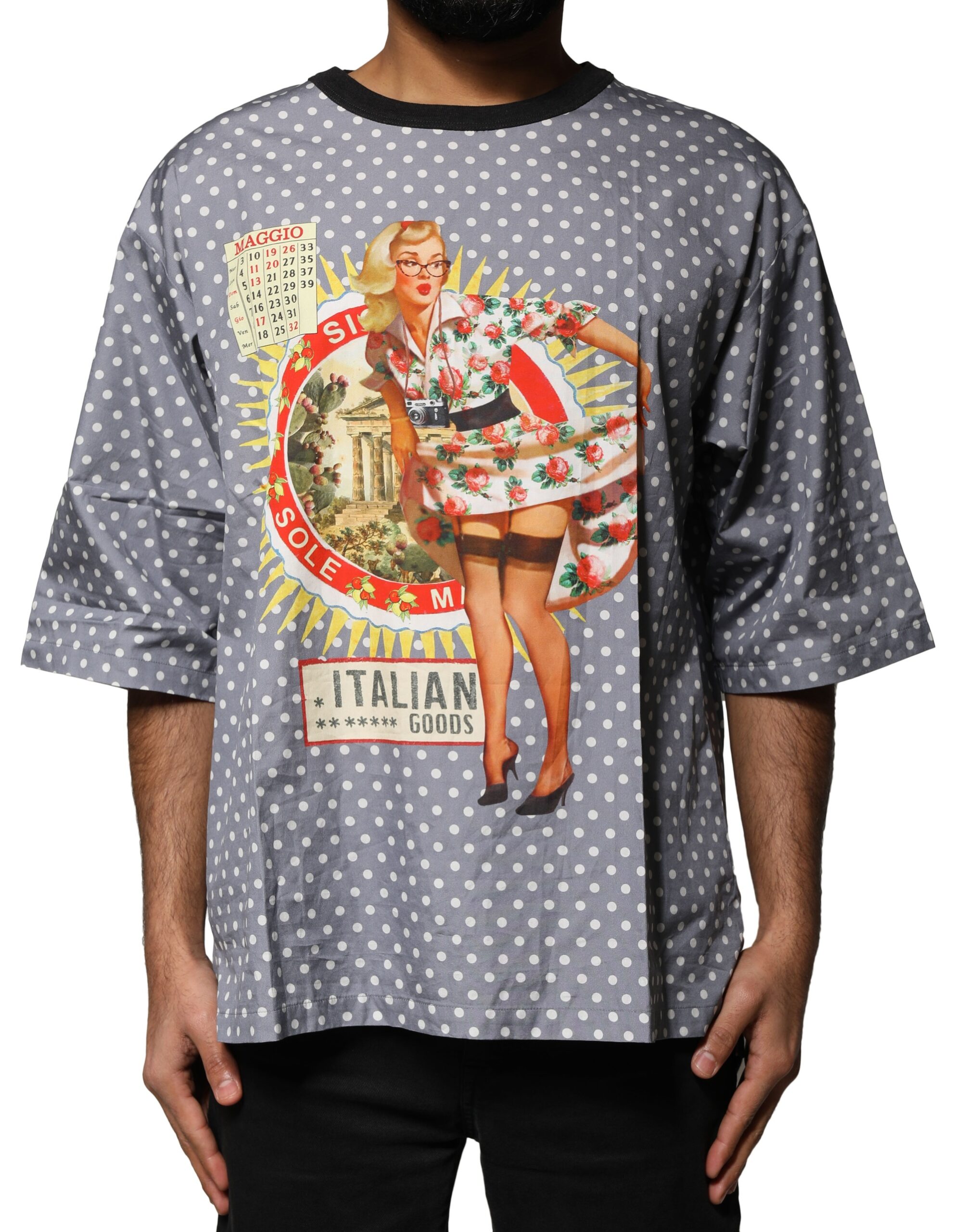 Dolce & Gabbana Mens Polka Dot Pinup Graphic Tee - Grey Cotton - Size EU 48 (Mens)