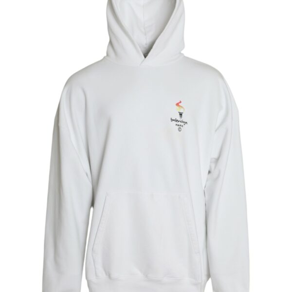 Balenciaga Mens Olympic Torch Logo Hoodie Oversized Knitwear - White Cotton - Size Small