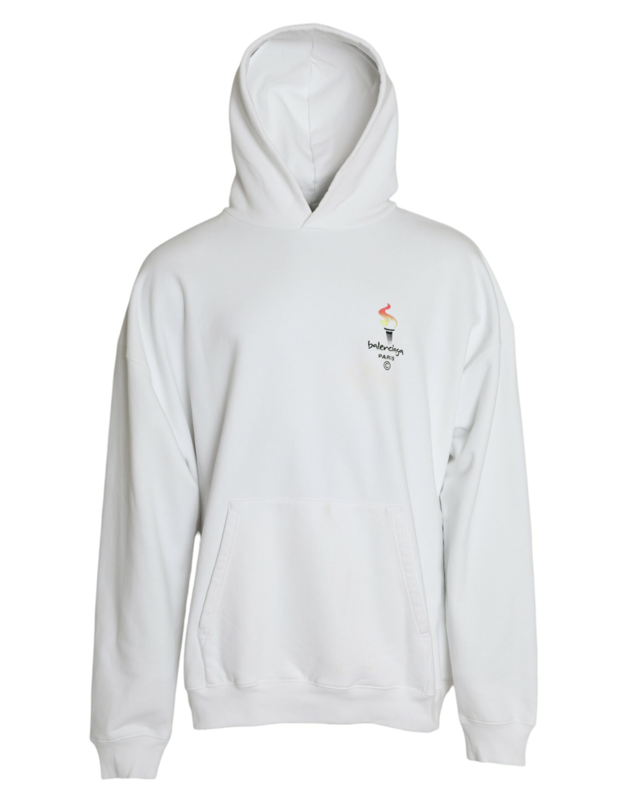 Balenciaga Mens Olympic Torch Logo Hoodie Oversized Knitwear - White Cotton - Size Small