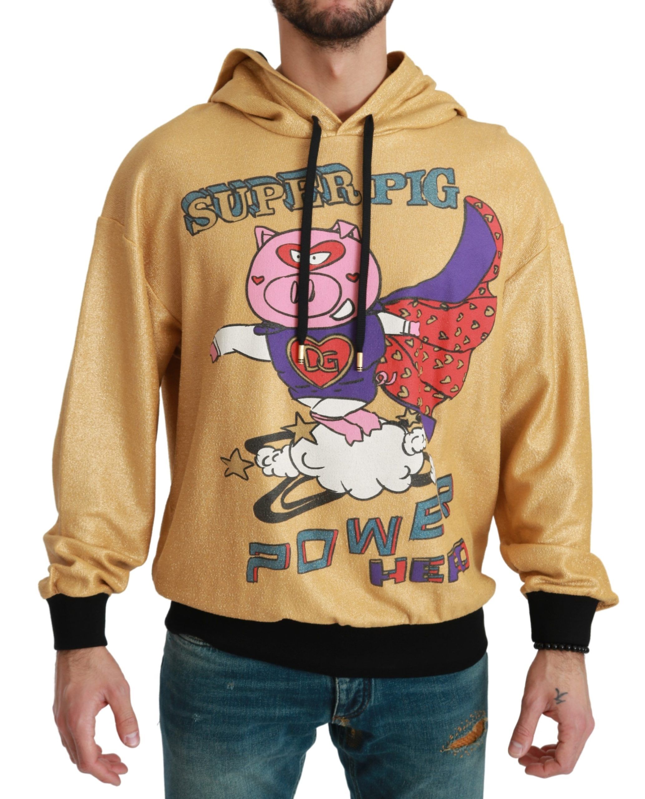 Dolce & Gabbana Mens Super Pig Power Hero Hoodie - Beige Cotton - Size EU 44 (Mens)