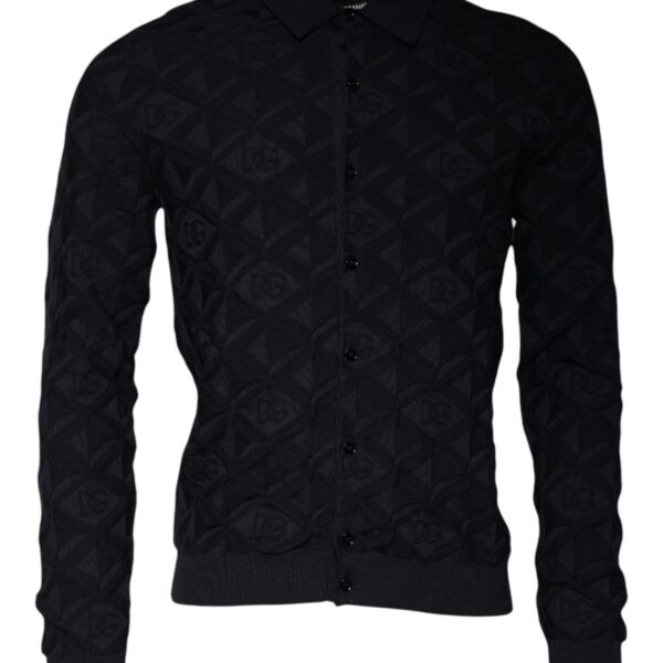 Dolce & Gabbana Mens Knit Cardigan Geometric Pattern Long Sleeves - Black Silk - Size EU 48 (Mens)
