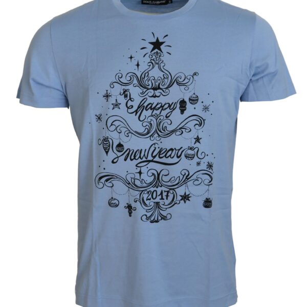 Dolce & Gabbana Mens Happy New Year 2017 Tshirt - Light Blue Cotton - Size EU 50 (Mens)