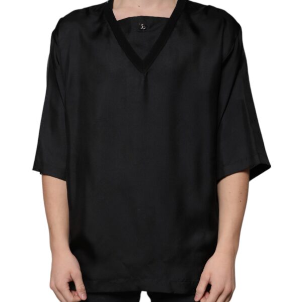 Dolce & Gabbana Mens Silk Vneck Short Sleeve Shirt - Black Cotton - Size EU 50 (Mens)
