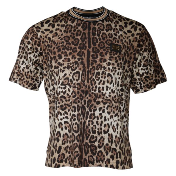 Dolce & Gabbana Mens Leopard Print Crew Neck Tshirt - Tan Cotton - Size EU 52 (Mens)